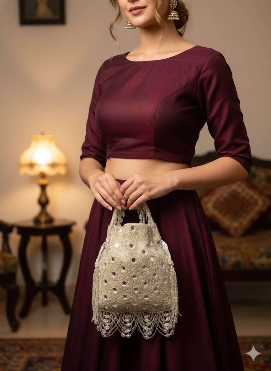 Hand-Embroidered Mirror Work Potli Bag